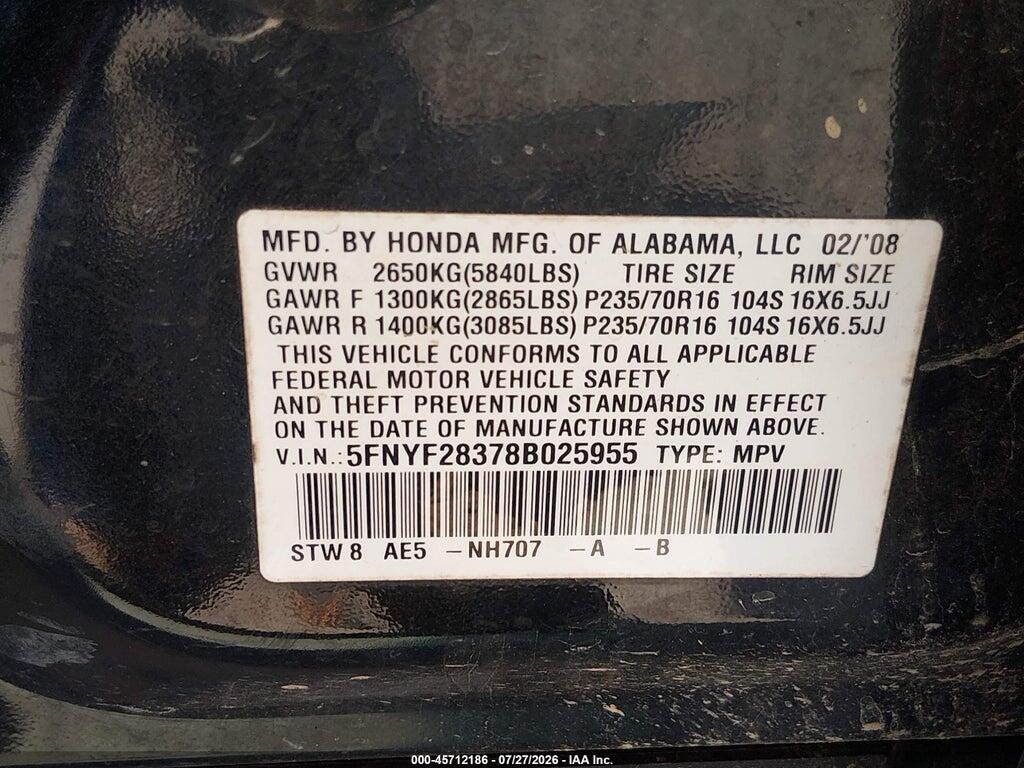 5FNYF28378B025955 2008 HONDA PILOT photo no. 9