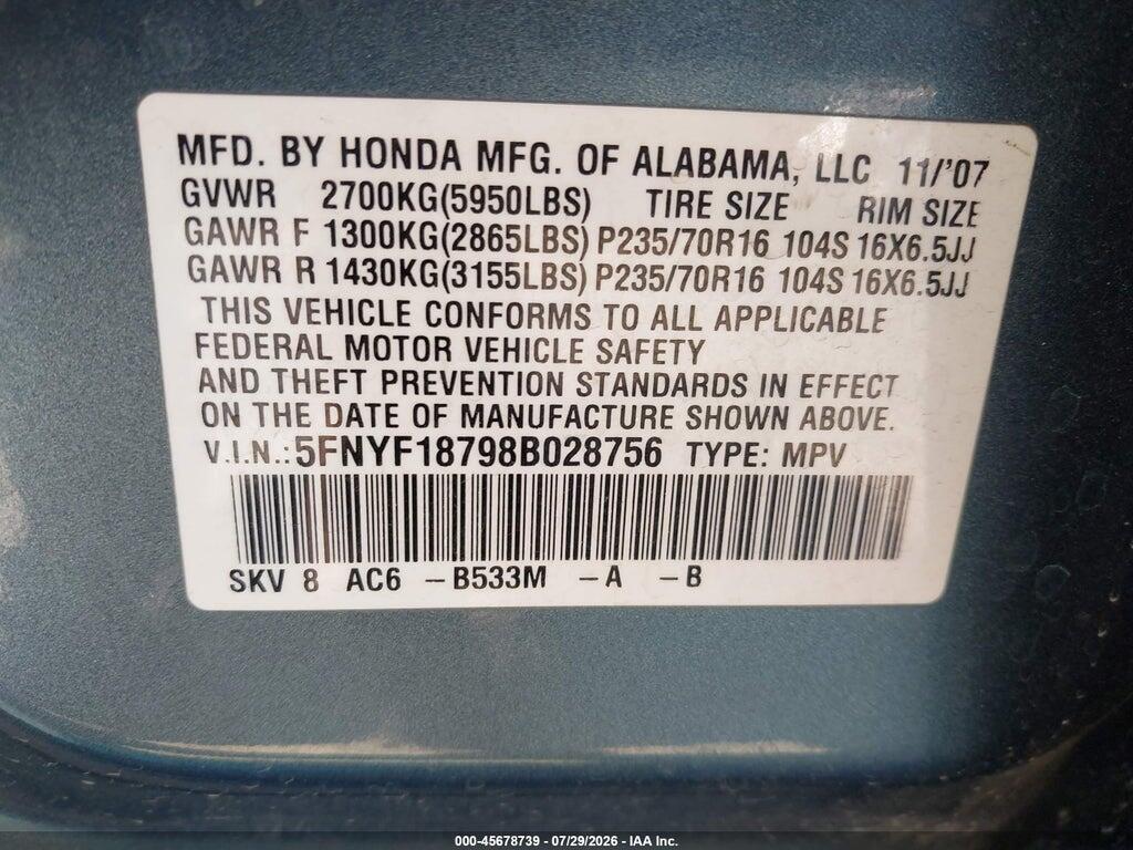 5FNYF18798B028756 2008 HONDA PILOT photo no. 9