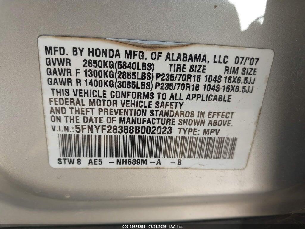 5FNYF28388B002023 2008 HONDA PILOT photo no. 9