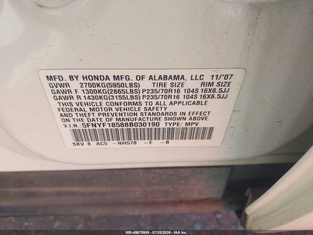 5FNYF18588B030190 2008 HONDA PILOT photo no. 9