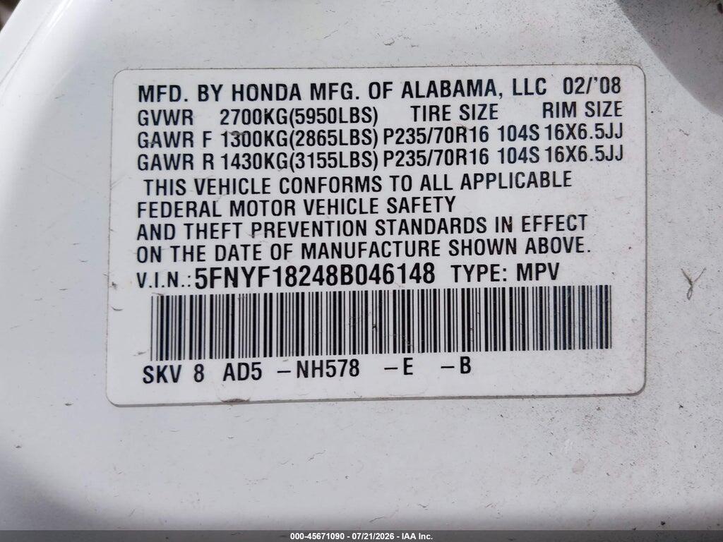 5FNYF18248B046148 2008 HONDA PILOT photo no. 9