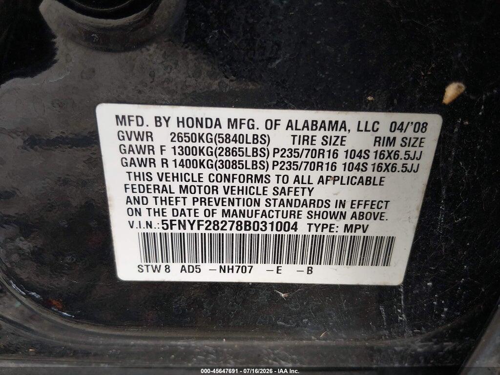 5FNYF28278B031004 2008 HONDA PILOT photo no. 9