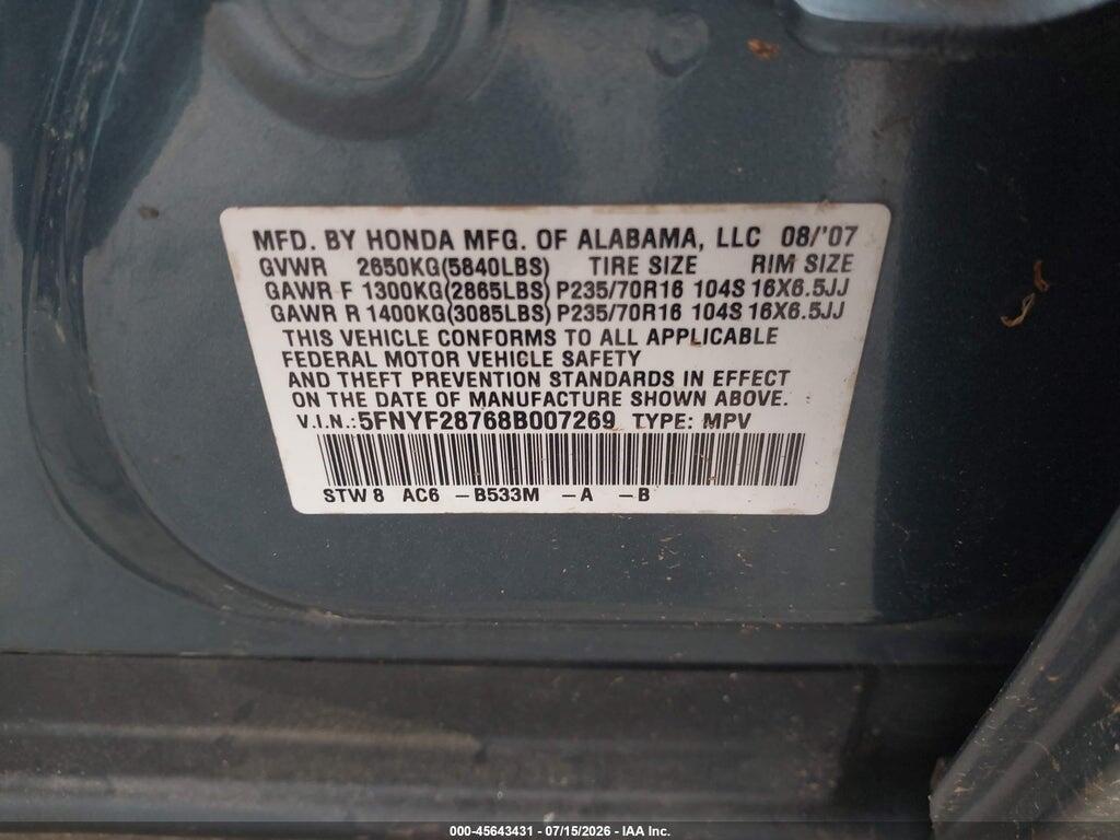 5FNYF28768B007269 2008 HONDA PILOT photo no. 9