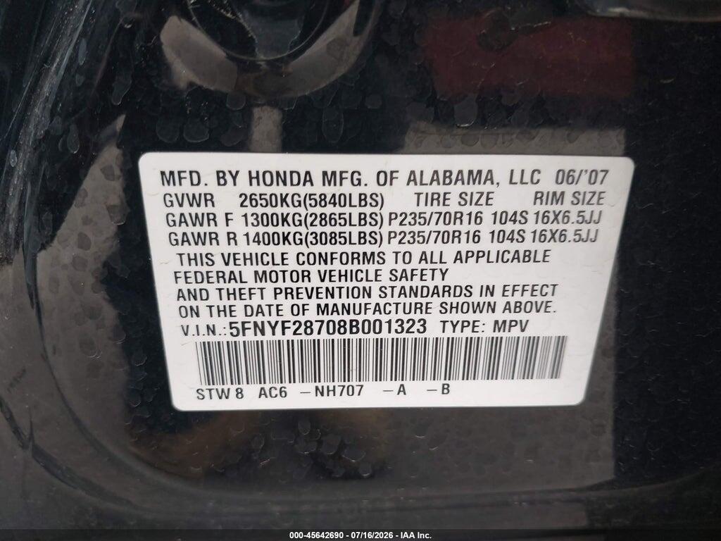 5FNYF28708B001323 2008 HONDA PILOT photo no. 9