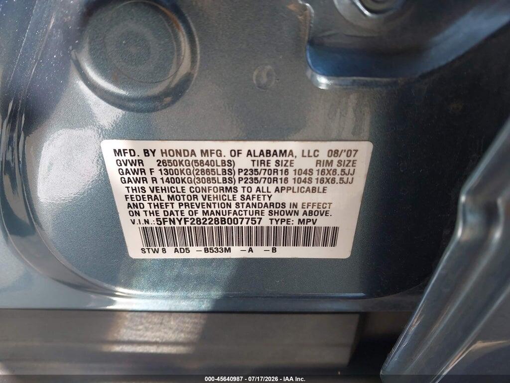 5FNYF28228B007757 2008 HONDA PILOT photo no. 9
