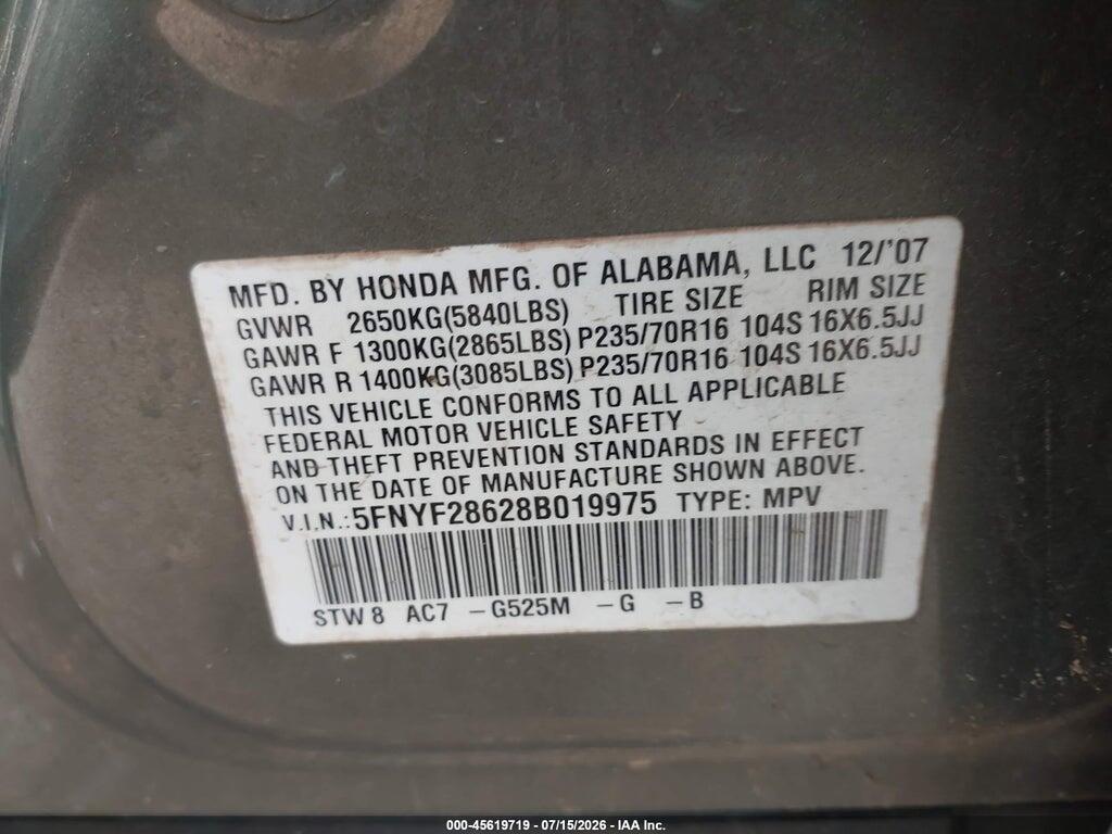 5FNYF28628B019975 2008 HONDA PILOT photo no. 9