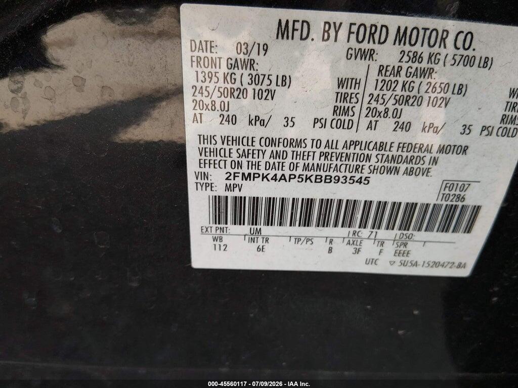 2FMPK4AP5KBB93545 2019 FORD EDGE photo no. 9