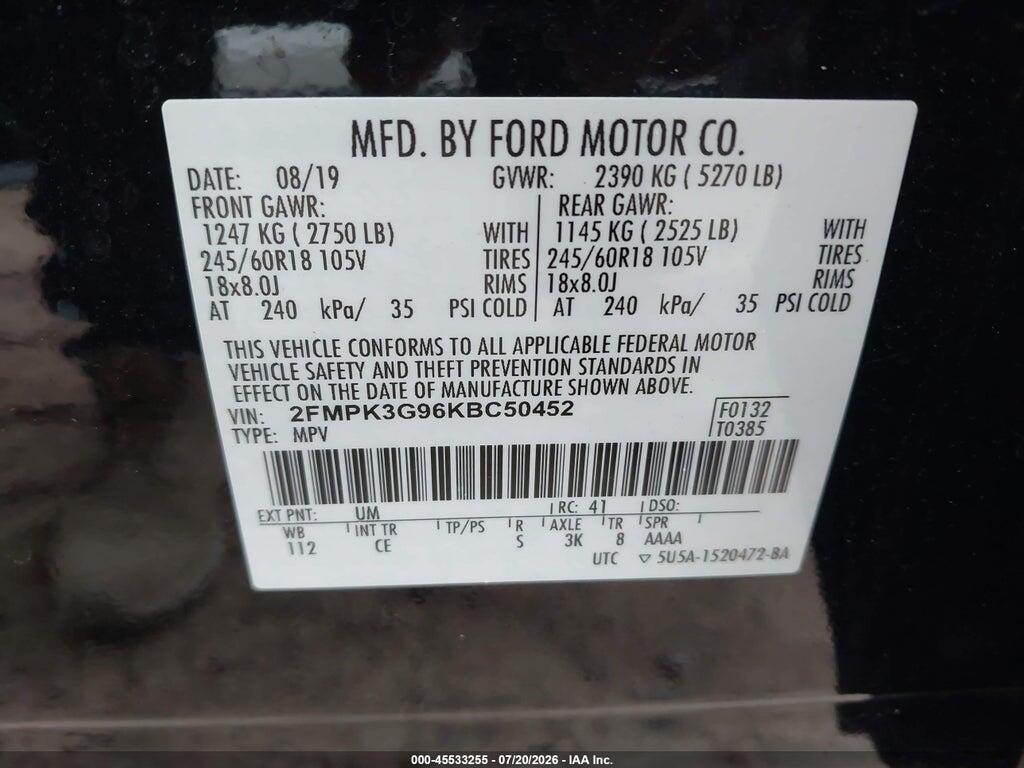 2FMPK3G96KBC50452 2019 FORD EDGE photo no. 9