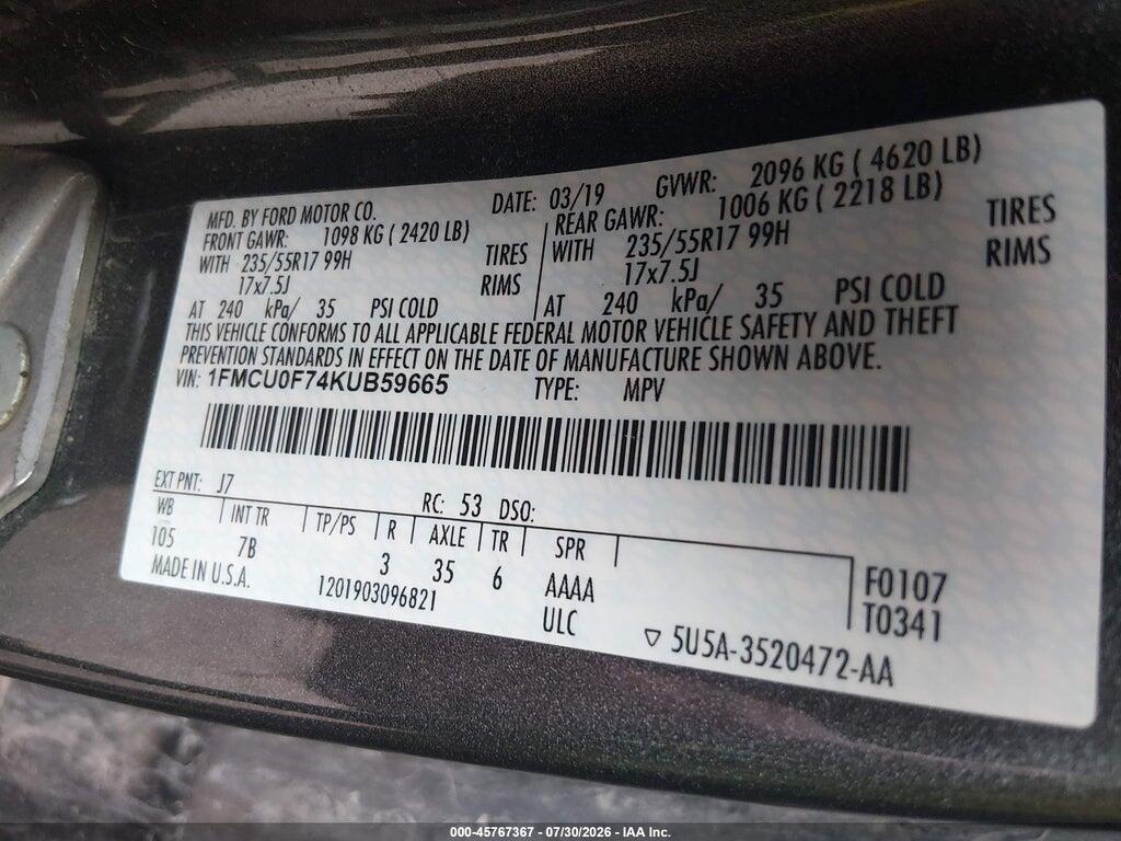 1FMCU0F74KUB59665 2019 FORD ESCAPE photo no. 9