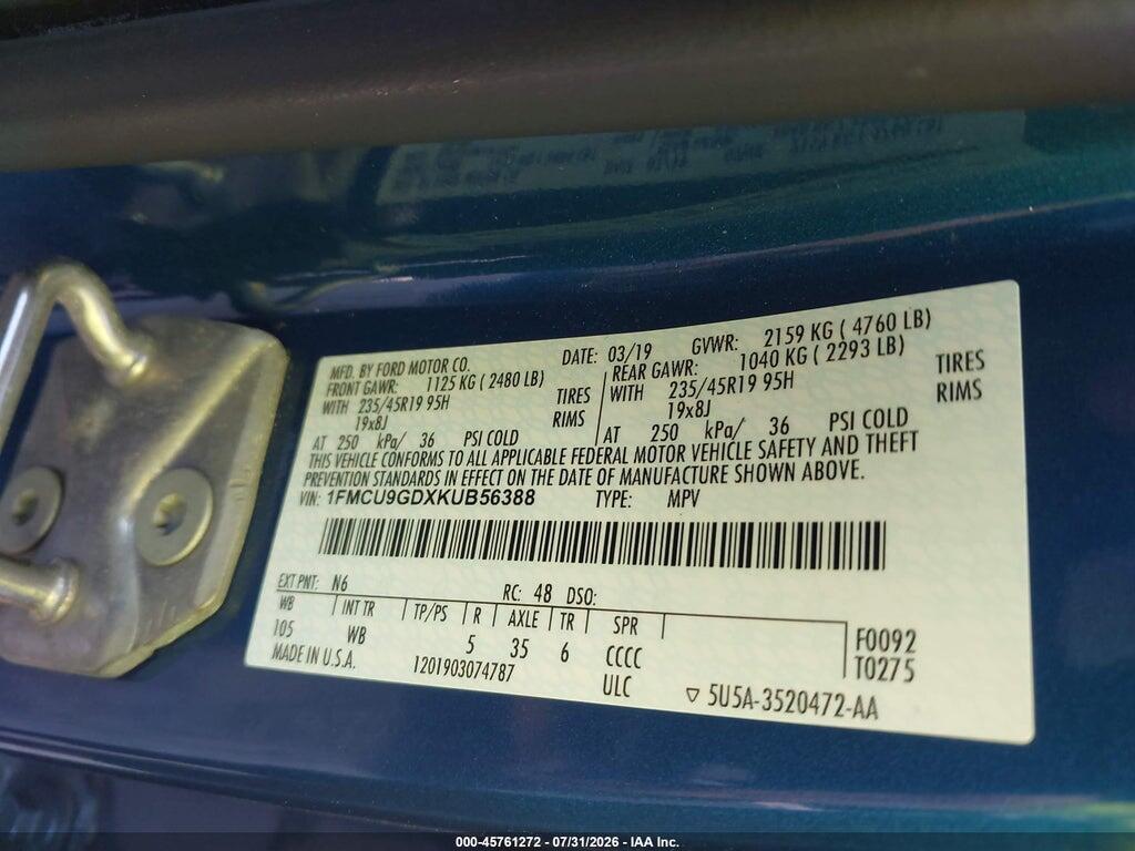1FMCU9GDXKUB56388 2019 FORD ESCAPE photo no. 9