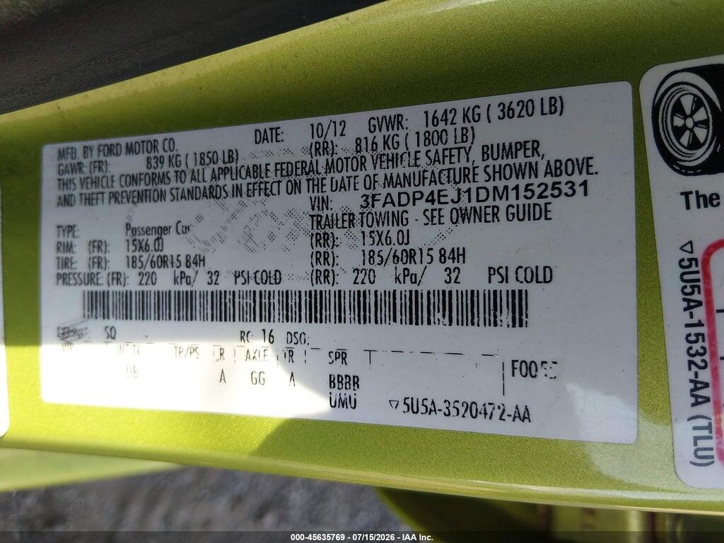 3FADP4EJ1DM152531 2013 FORD FIESTA photo no. 9