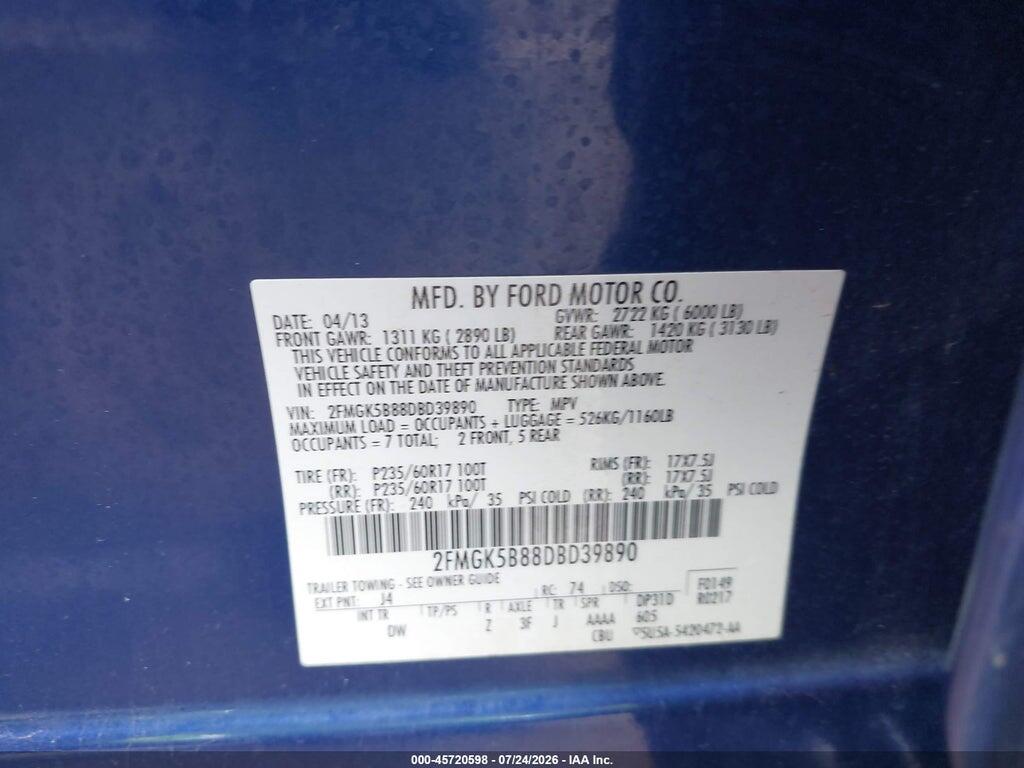 2FMGK5B88DBD39890 2013 FORD FLEX photo no. 9