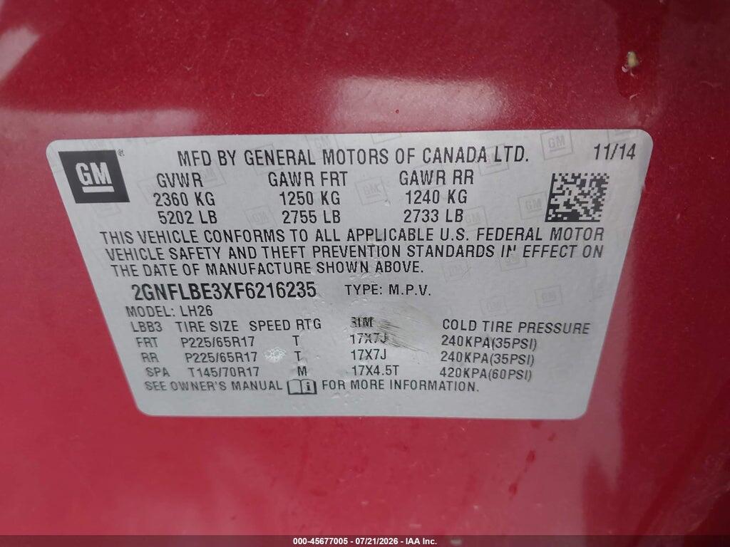2GNFLBE3XF6216235 2015 CHEVROLET EQUINOX photo no. 9