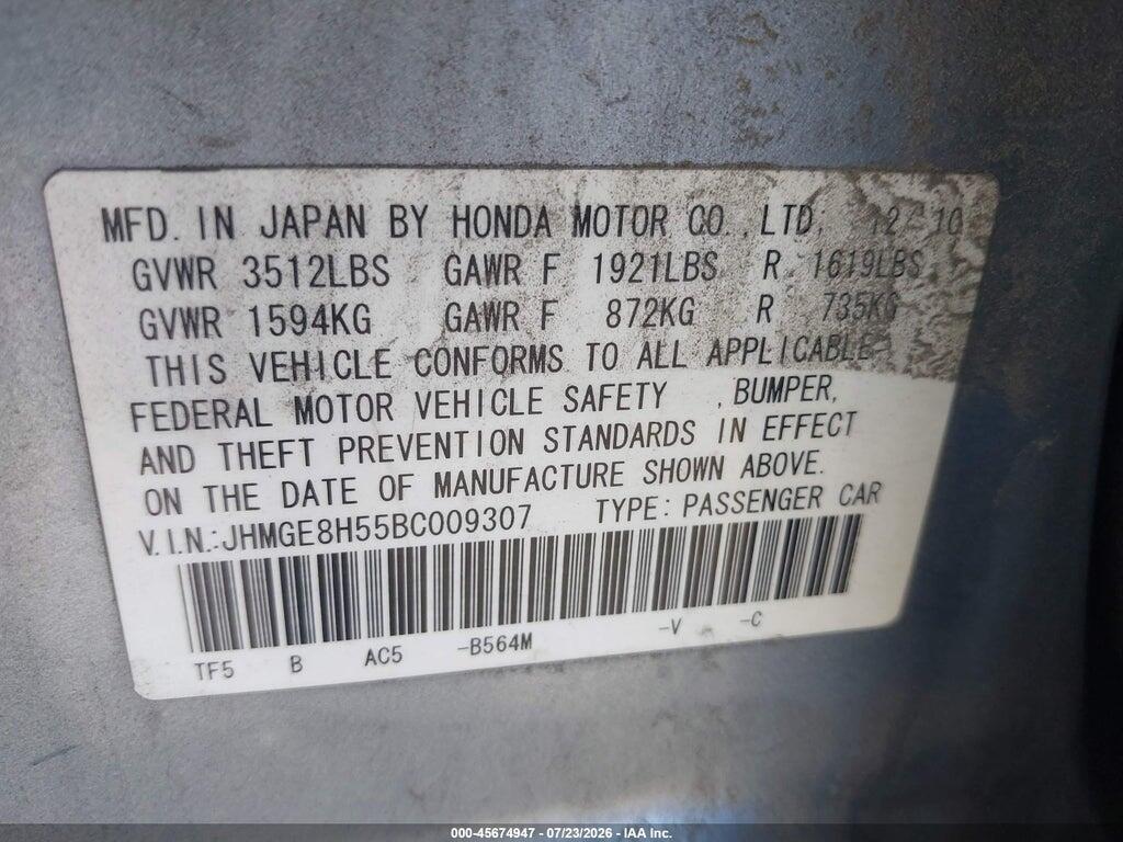 JHMGE8H55BC009307 2011 HONDA FIT photo no. 9