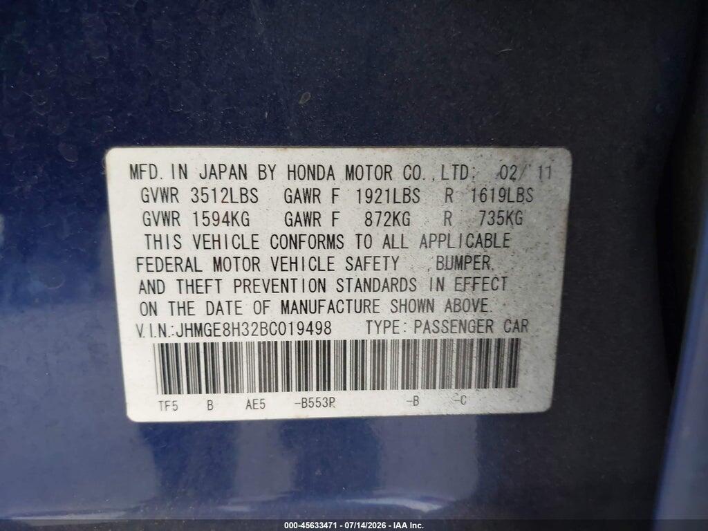 JHMGE8H32BC019498 2011 HONDA FIT photo no. 9