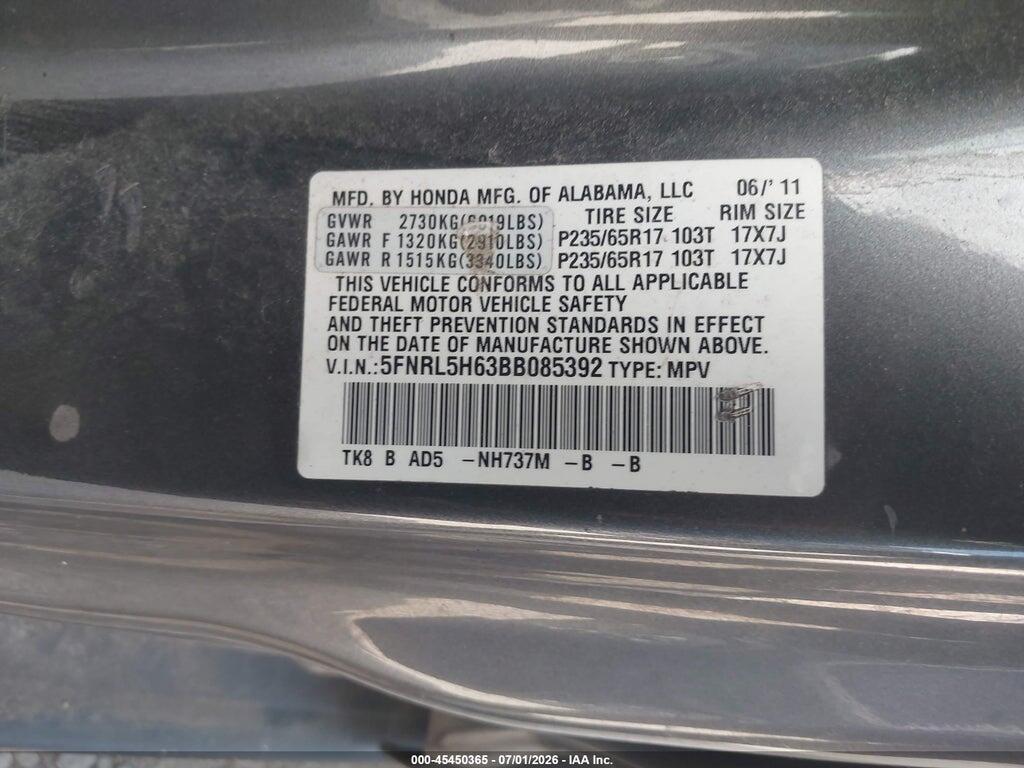 5FNRL5H63BB085392 2011 HONDA ODYSSEY photo no. 9