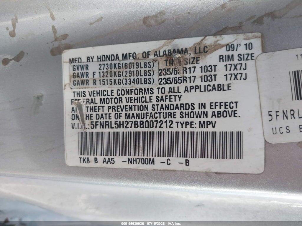 5FNRL5H27BB007212 2011 HONDA ODYSSEY photo no. 9