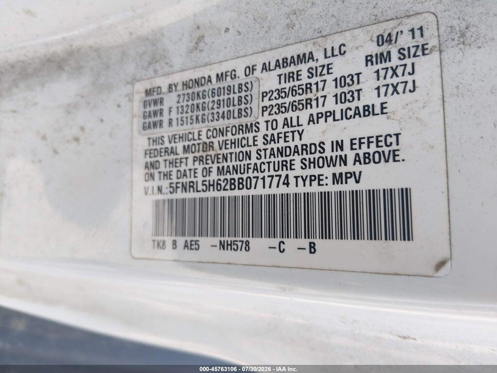 5FNRL5H62BB071774 2011 HONDA ODYSSEY photo no. 9