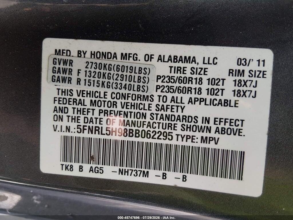 5FNRL5H98BB062295 2011 HONDA ODYSSEY photo no. 9