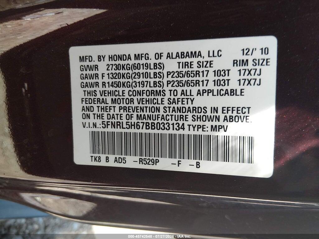5FNRL5H67BB033134 2011 HONDA ODYSSEY photo no. 9