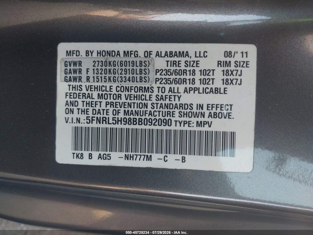 5FNRL5H98BB092090 2011 HONDA ODYSSEY photo no. 9