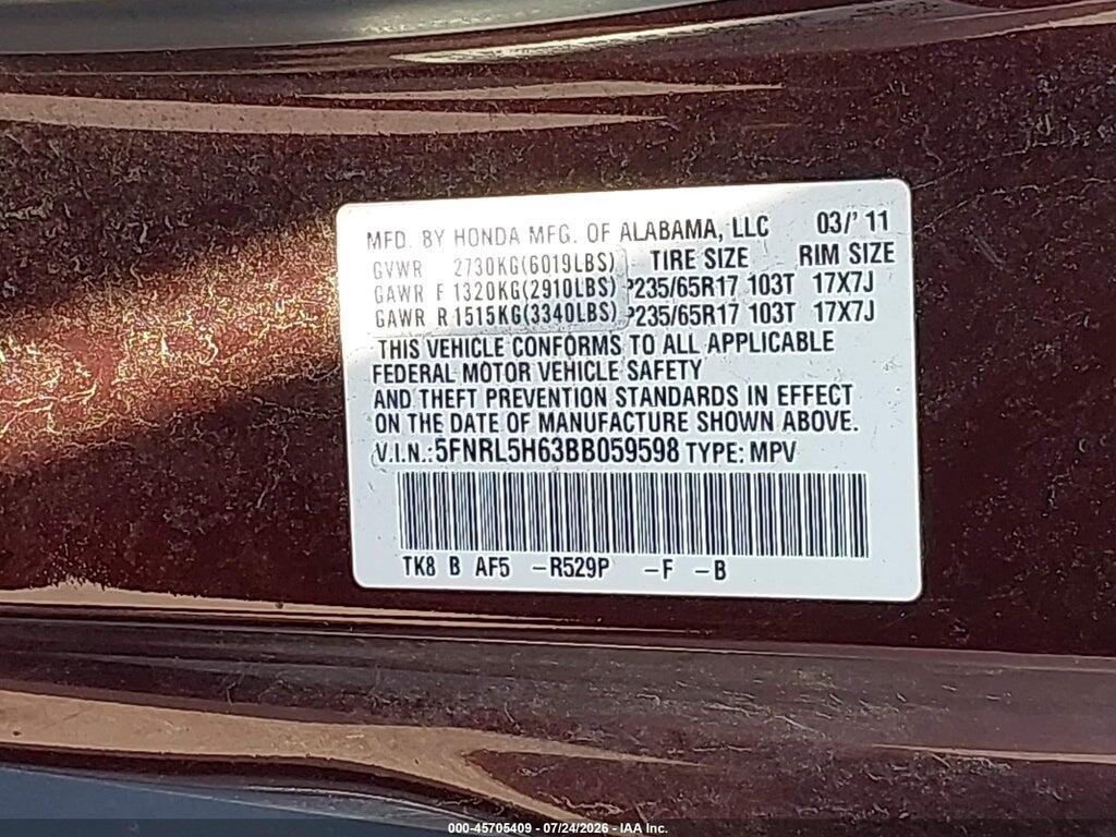 5FNRL5H63BB059598 2011 HONDA ODYSSEY photo no. 9