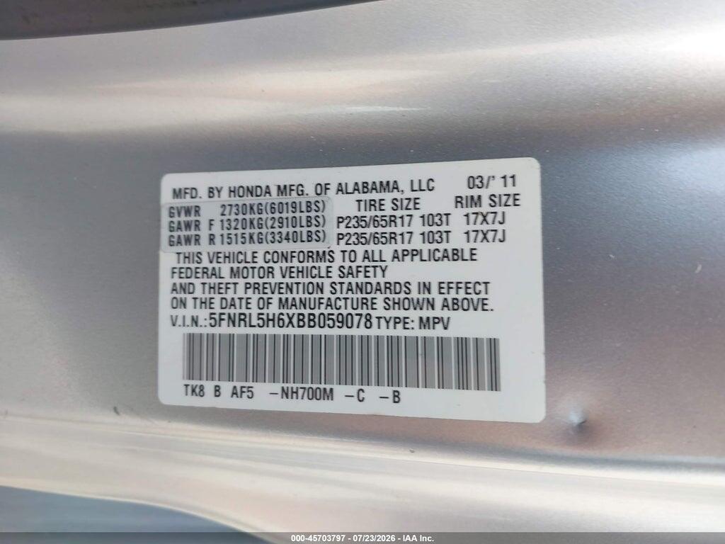 5FNRL5H6XBB059078 2011 HONDA ODYSSEY photo no. 9