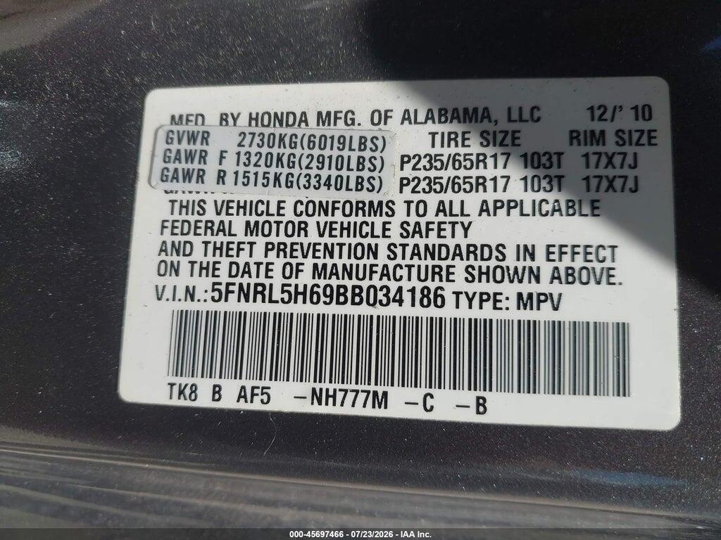 5FNRL5H69BB034186 2011 HONDA ODYSSEY photo no. 9