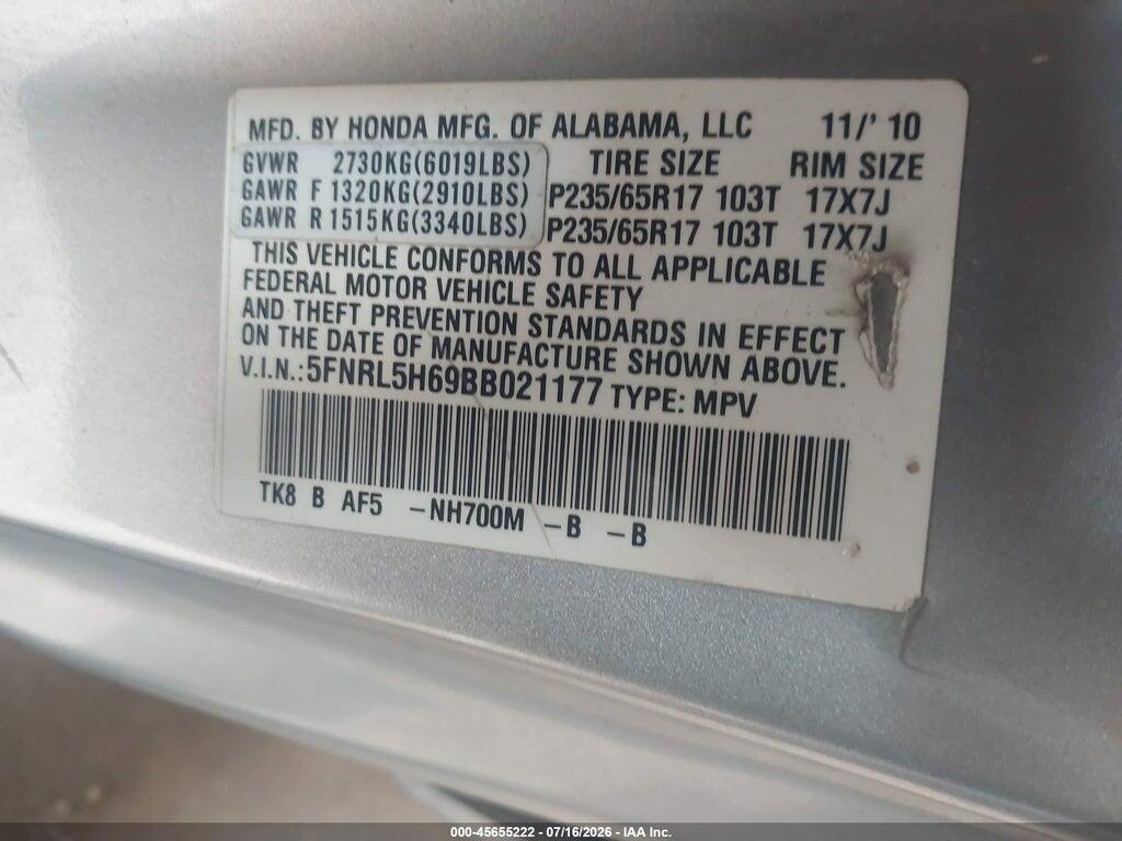 5FNRL5H69BB021177 2011 HONDA ODYSSEY photo no. 9