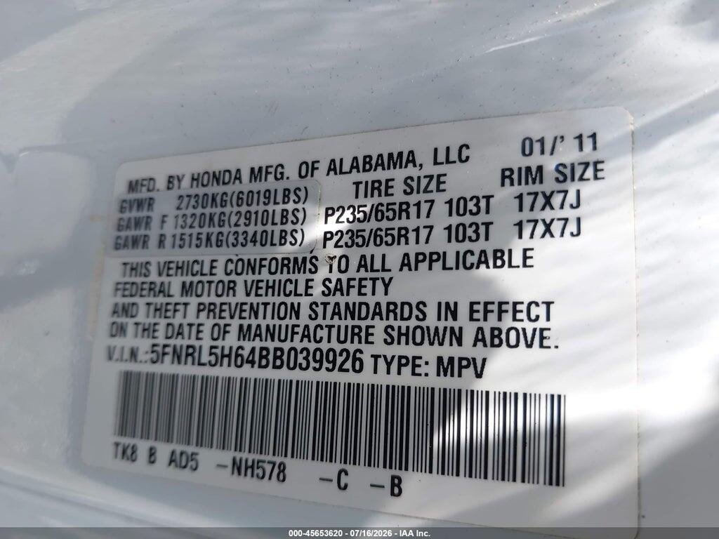 5FNRL5H64BB039926 2011 HONDA ODYSSEY photo no. 9