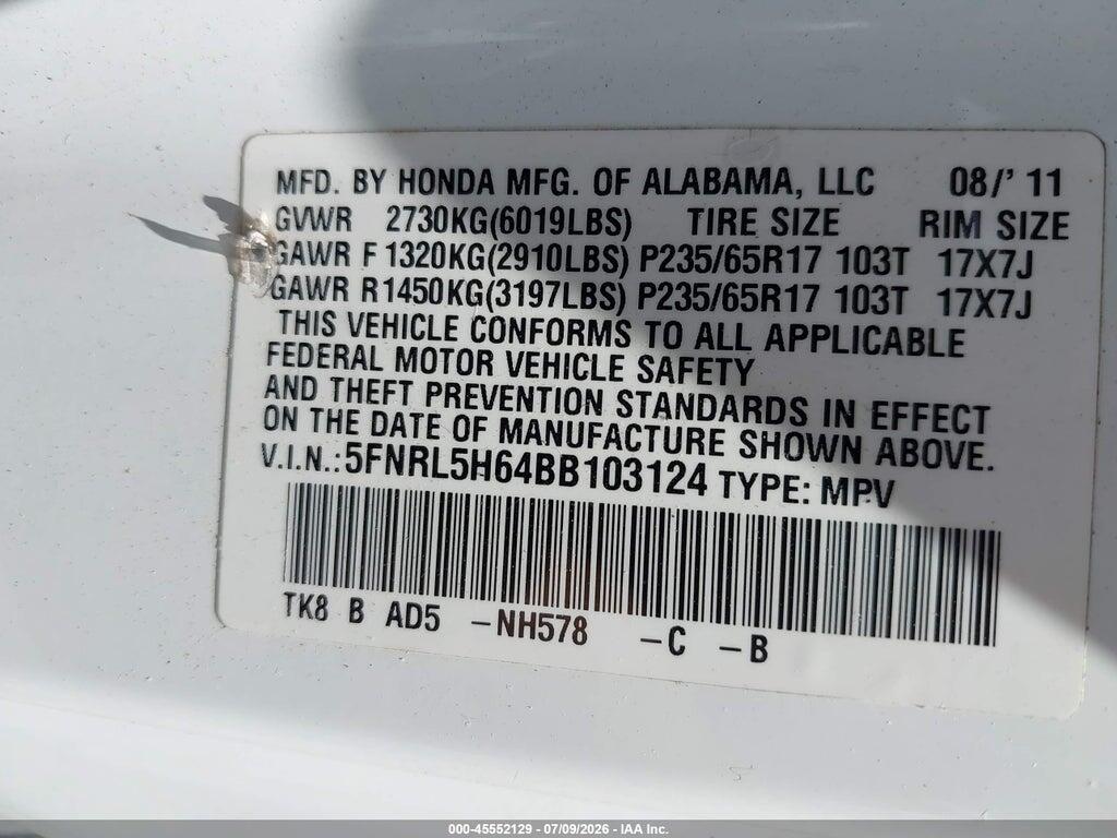 5FNRL5H64BB103124 2011 HONDA ODYSSEY photo no. 9