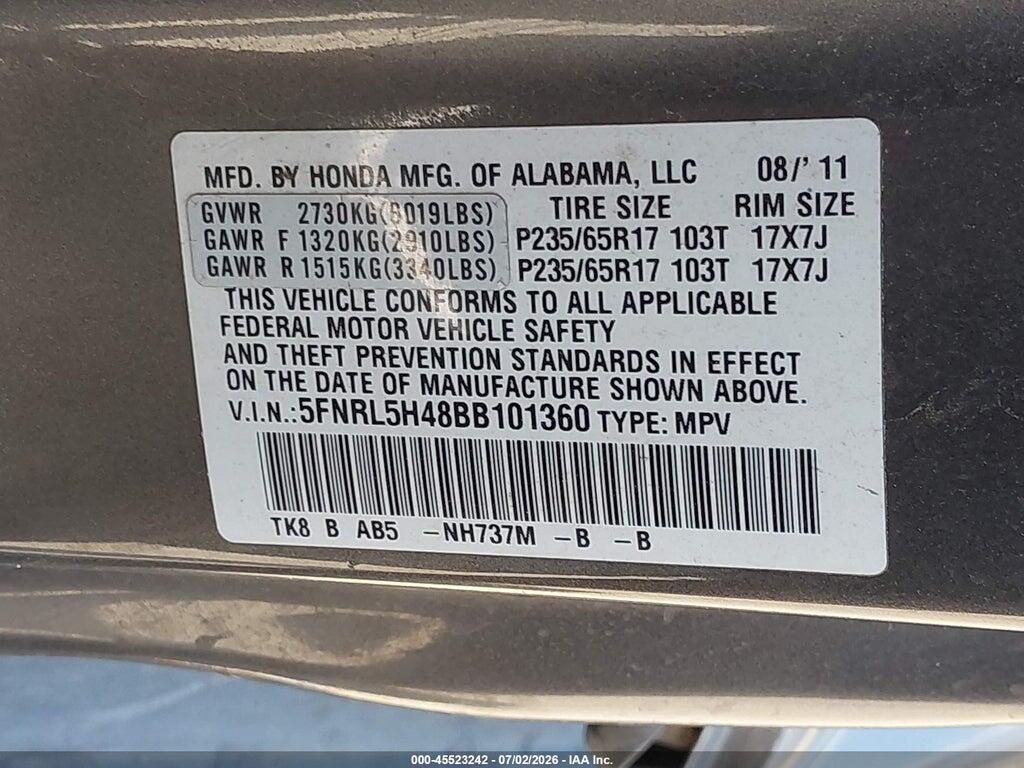 5FNRL5H48BB101360 2011 HONDA ODYSSEY photo no. 9
