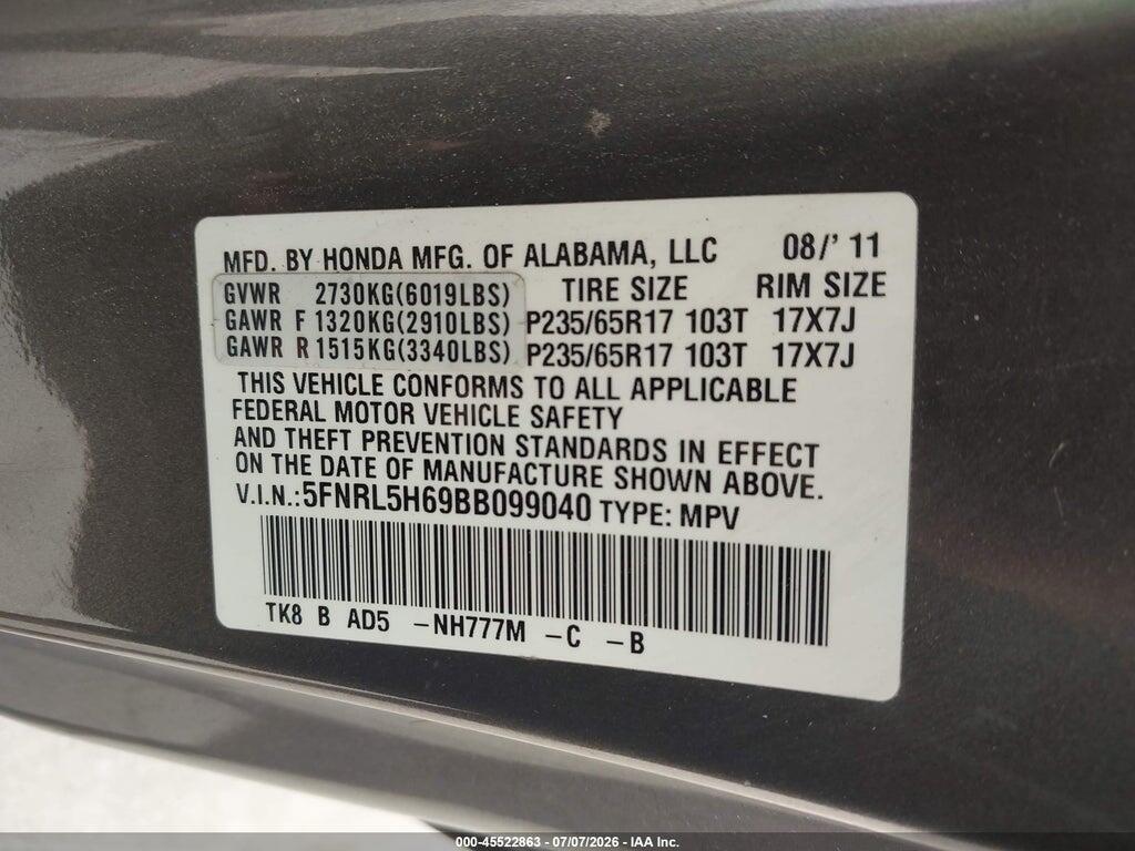 5FNRL5H69BB099040 2011 HONDA ODYSSEY photo no. 9