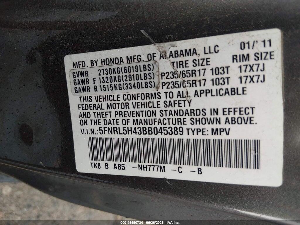 5FNRL5H43BB045389 2011 HONDA ODYSSEY photo no. 9
