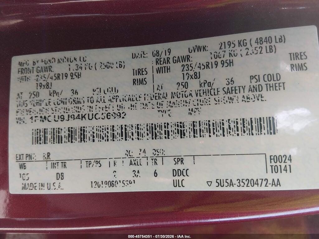 1FMCU9J94KUC56992 2019 FORD ESCAPE photo no. 9