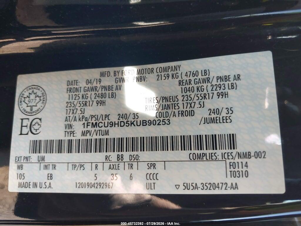 1FMCU9HD5KUB90253 2019 FORD ESCAPE photo no. 9