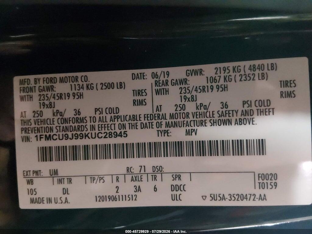 1FMCU9J99KUC28945 2019 FORD ESCAPE photo no. 9