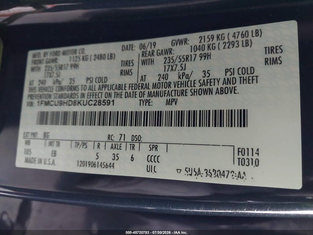 1FMCU9HD8KUC28591 2019 FORD ESCAPE photo no. 9