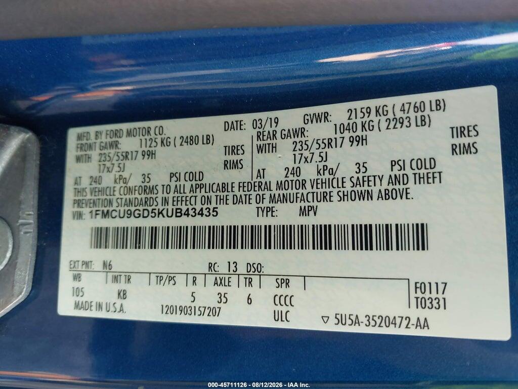 1FMCU9GD5KUB43435 2019 FORD ESCAPE photo no. 9