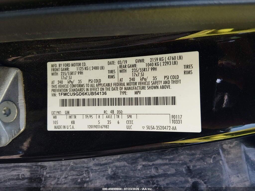 1FMCU9GD6KUB54136 2019 FORD ESCAPE photo no. 9