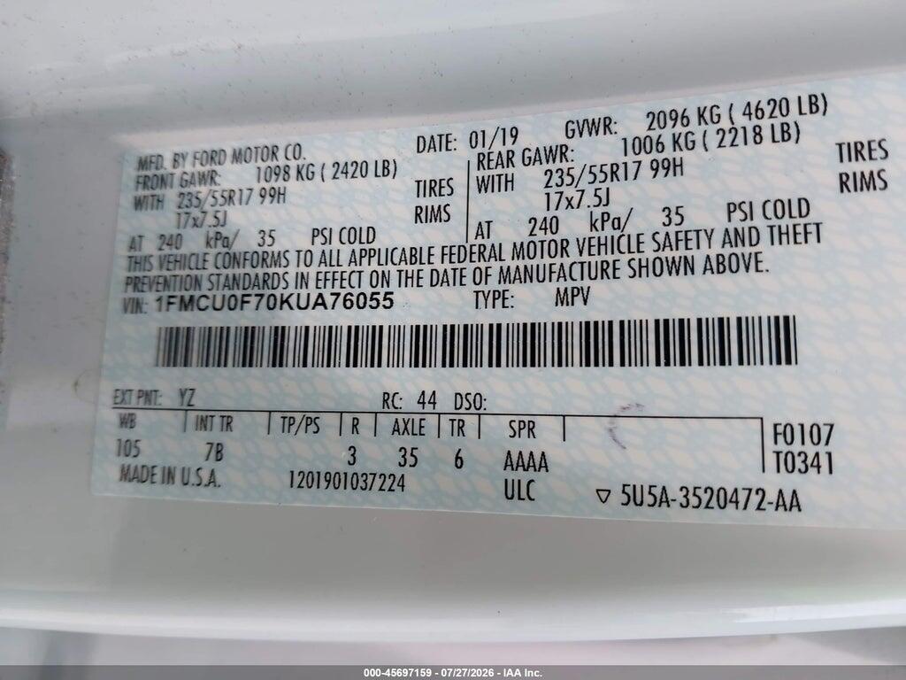 1FMCU0F70KUA76055 2019 FORD ESCAPE photo no. 9