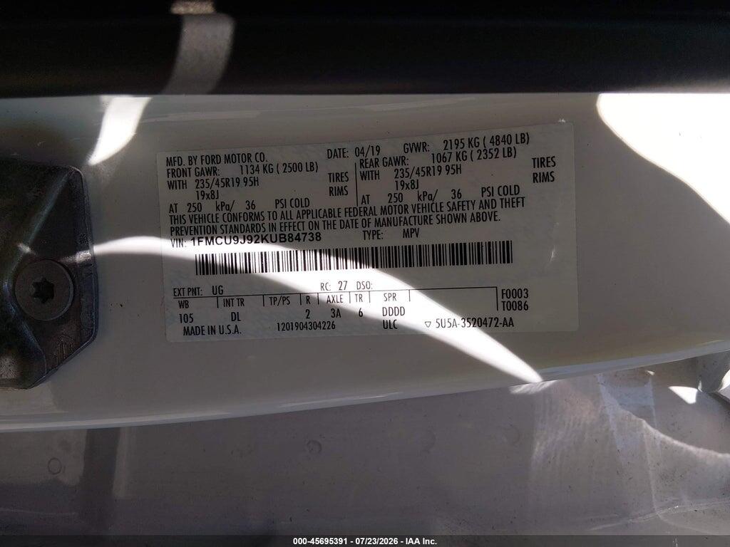 1FMCU9J92KUB84738 2019 FORD ESCAPE photo no. 9