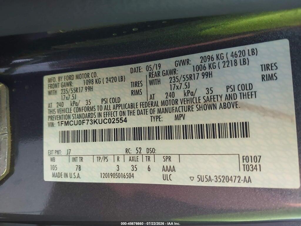 1FMCU0F73KUC02554 2019 FORD ESCAPE photo no. 9