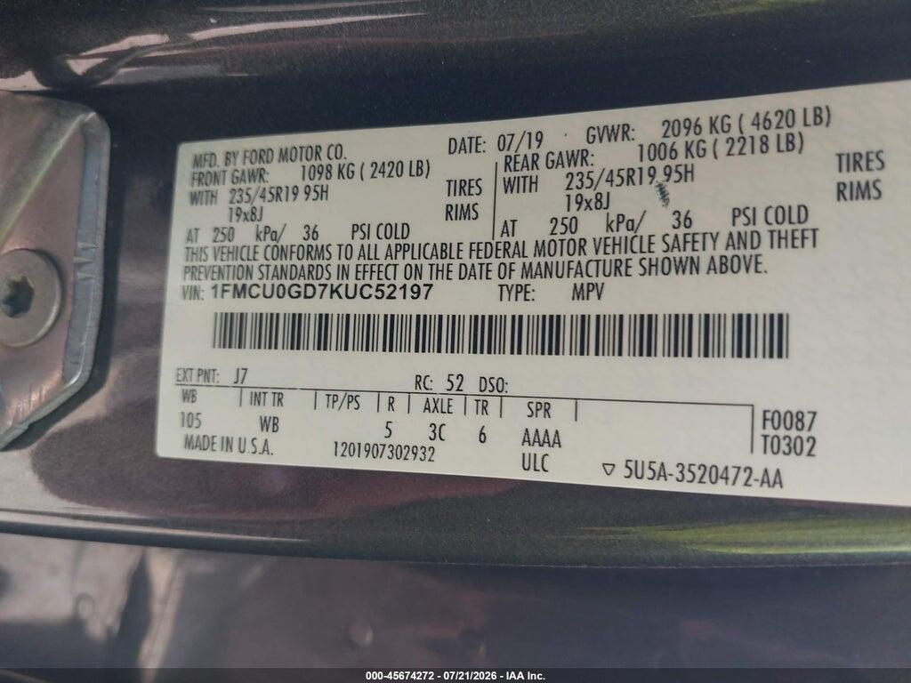 1FMCU0GD7KUC52197 2019 FORD ESCAPE photo no. 9