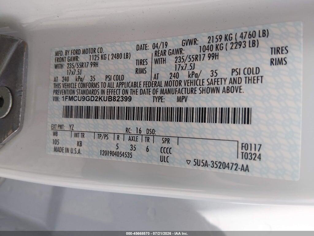 1FMCU9GD2KUB82399 2019 FORD ESCAPE photo no. 9