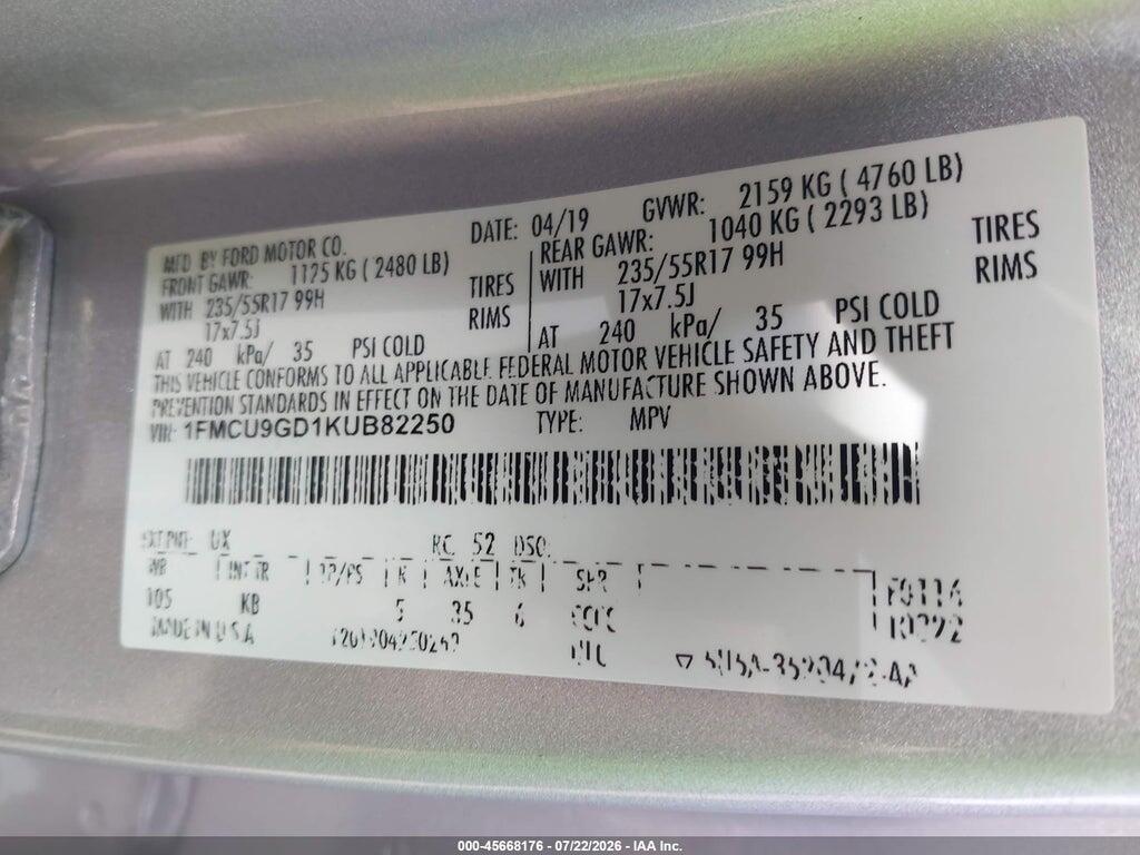 1FMCU9GD1KUB82250 2019 FORD ESCAPE photo no. 7