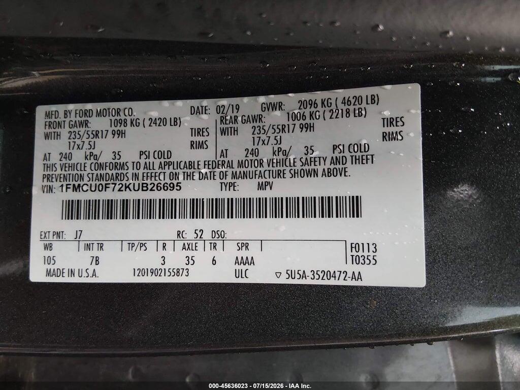 1FMCU0F72KUB26695 2019 FORD ESCAPE photo no. 9