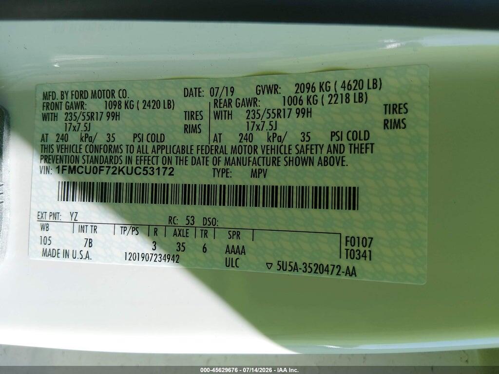 1FMCU0F72KUC53172 2019 FORD ESCAPE photo no. 9