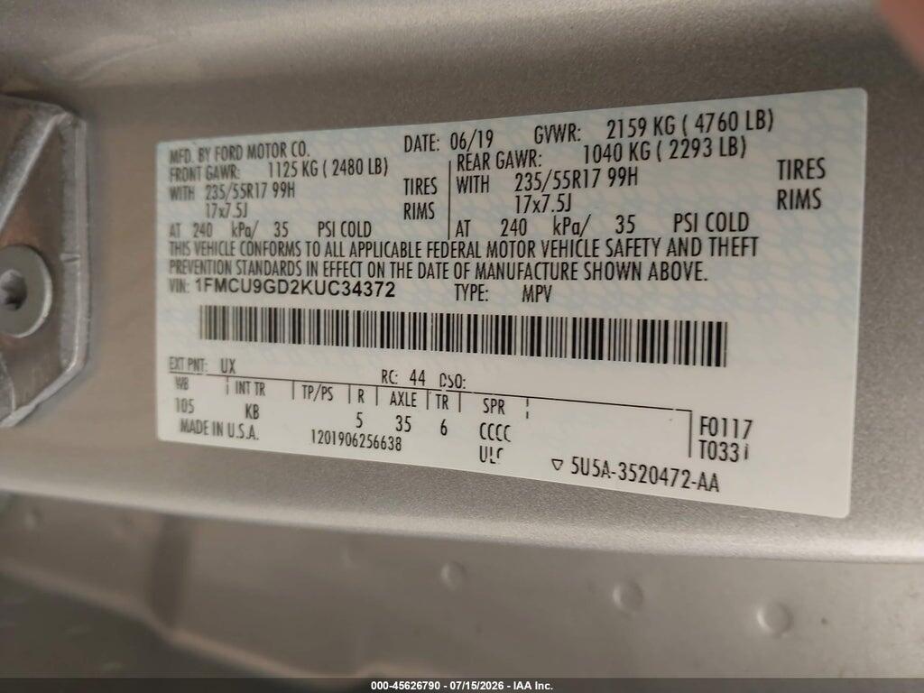 1FMCU9GD2KUC34372 2019 FORD ESCAPE photo no. 9