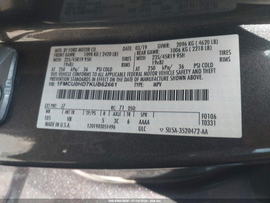 1FMCU0HD7KUB62661 2019 FORD ESCAPE photo no. 9